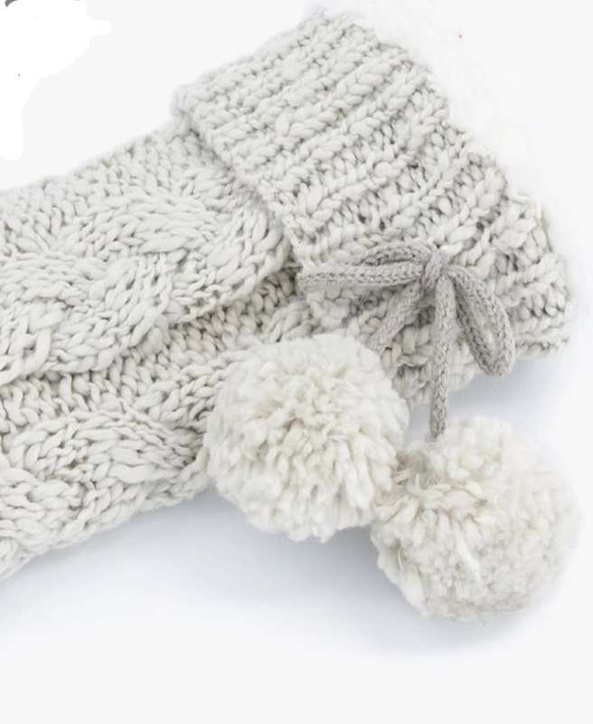 Grey Melange Pom Pom Cable Knit Slipper Socks