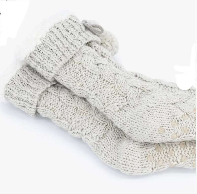 Grey Melange Pom Pom Cable Knit Slipper Socks