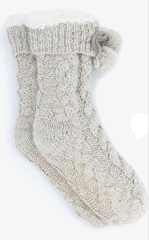 Grey Melange Pom Pom Cable Knit Slipper Socks