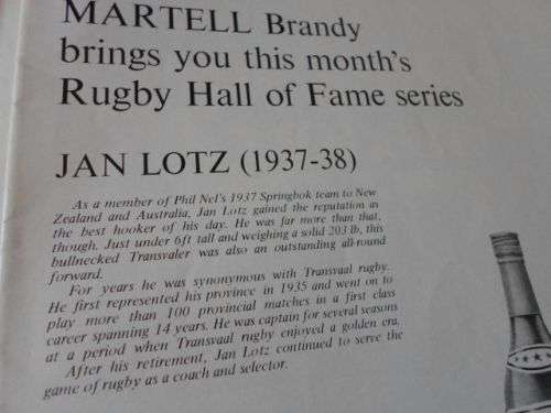 JAN LOTZ - FULL PAGE RUGBY HALL OF FAME COLOR PICTURE - FROM S.A. SPORTSMAN MAGAZINE JAN 1969