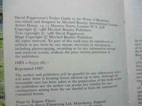 DAVID PEPPERCORN`S POCKET GUIDE TO - THE WINES OF BORDEAUX - MITCHELL BEAZLEY ( HUGH JOHNSON INTRO )