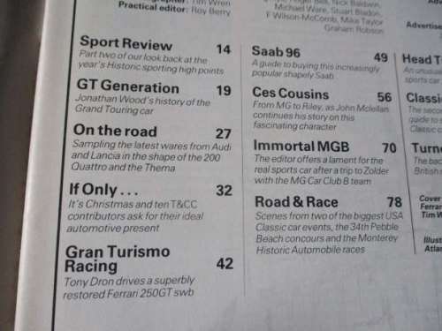 THOROUGHBRED & CLASSIC CARS MAGAZINE JANUARY 1985 ( MGB, FERRARI 250GT, SAAB 96, T,URNER )
