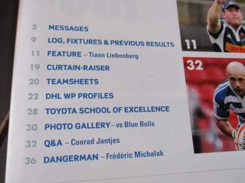 WP vs SHARKS  12 AUGUST 2011 - RUGBY MATCHDAY MAGAZINE / PROGRAMME