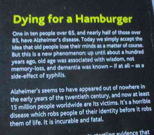 DYING FOR A HAMBURGER - THE ALARMING LINK BETWEEN THE MEAT INDUSTRY AND ALTZHEIMER`S DISEASE
