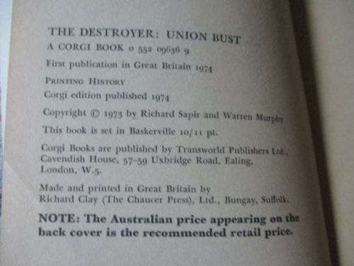 UNION BUST - THE DESTROYER - RICHARD SAPIR AND WARREN MURPHY
