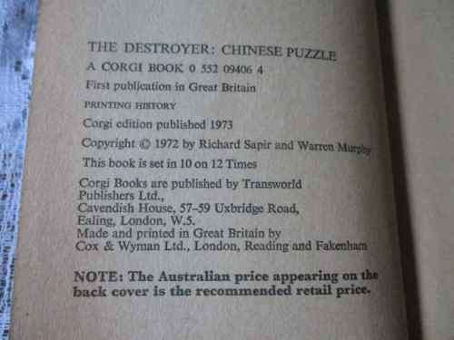 CHINESE PUZZLE - THE DESTROYER - RICHARD SAPIR AND WARREN MURPHY