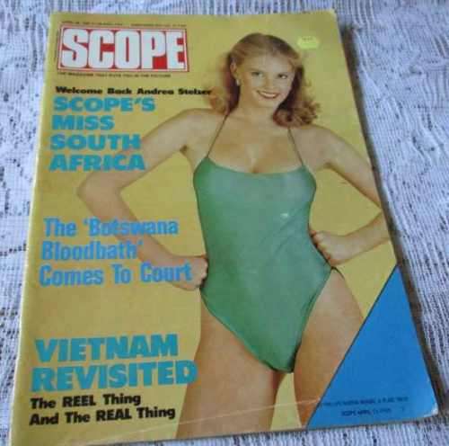 SCOPE MAGAZINE 26 APRIL 1985 ANDREA STELZER, ALAIN REYMOND TATTOOIST, BOTSWANA SAFARI  TRIAL )
