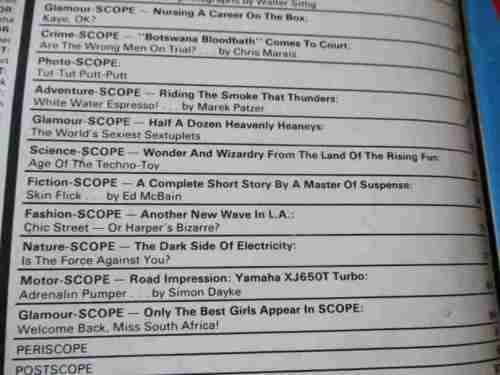 SCOPE MAGAZINE 26 APRIL 1985 ANDREA STELZER, ALAIN REYMOND TATTOOIST, BOTSWANA SAFARI  TRIAL )