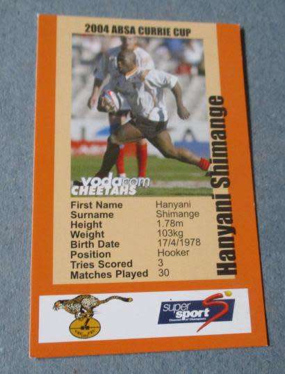 HANYANI SHIMANGE - CHEETAHS - 2004 CURRIE CUP - SUPERSPORT COLLECTIBLE CARD