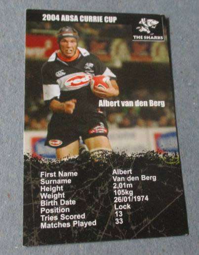 ALBERT VAN DEN BERG  - SHARKS  RUGBY - 2004 CURRIE CUP - SUPERSPORT COLLECTIBLE CARD