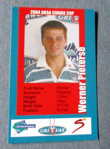 WERNER PIETERSE - GRIQUAS RUGBY - 2004 CURRIE CUP - SUPERSPORT COLLECTIBLE CARD