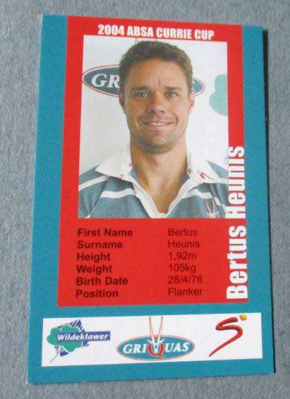 BERTUS HEUNIS  - GRIQUAS RUGBY - 2004 CURRIE CUP - SUPER SPORT COLLECTORS CARD