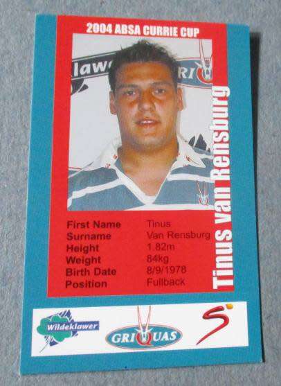TINUS VAN RENSBURG   - GRIQUAS RUGBY - 2004  RUGBY CURRIE CUP - SUPER SPORT COLLECTORS CARD