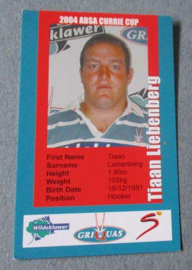 TIAAN LIEBENBERG    - GRIQUAS RUGBY - 2004 RUGBY CURRIE CUP - SUPER SPORT COLLECTORS CARD