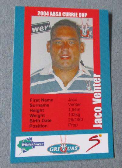 JACO VENTER   - GRIQUAS RUGBY - 2004 CURRIE CUP - SUPER SPORT COLLECTORS CARD