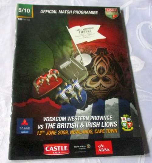 WESTERN PROVINCE VS BRITISH & IRISH LIONS 13 JUNE 2009 RUGBY MATCH PROGRAMME