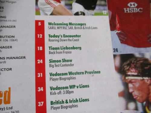 WESTERN PROVINCE VS BRITISH & IRISH LIONS 13 JUNE 2009 RUGBY MATCH PROGRAMME