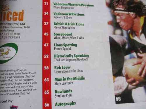 WESTERN PROVINCE VS BRITISH & IRISH LIONS 13 JUNE 2009 RUGBY MATCH PROGRAMME