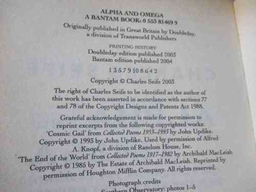 ALPHA AND OMEGA - THE SEARCH FOR THE BEGINNING AND THE END OF THE UNIVERSE - CHARLES SEIFE