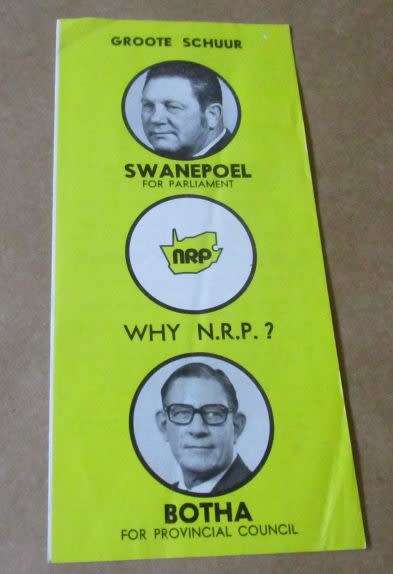 NRP / NEW REPUBLIC PARTY - GROOTE SCHUUR - SWANEPOEL & BOTHA - BROCHURE / PAMPHLET