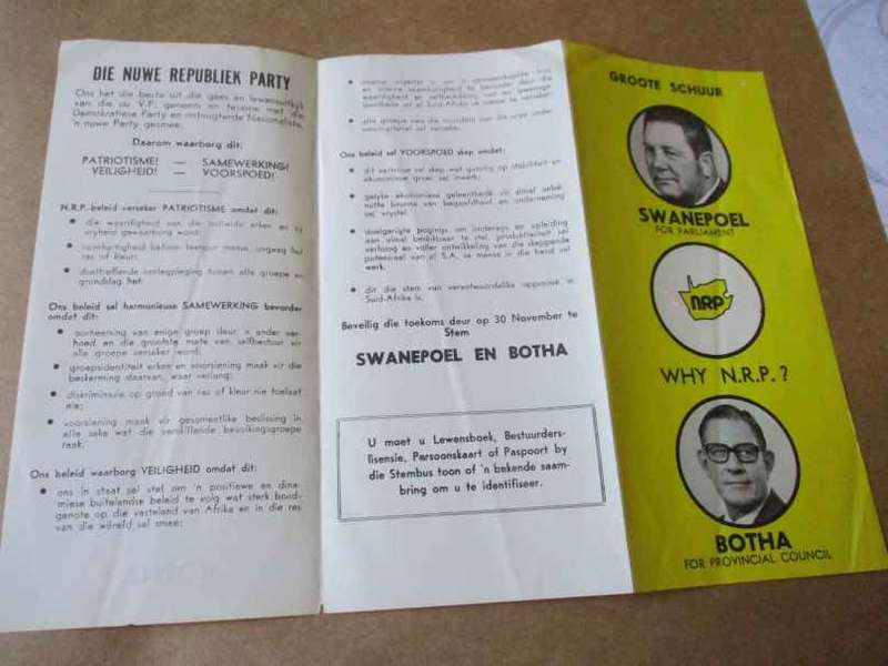 NRP / NEW REPUBLIC PARTY - GROOTE SCHUUR - SWANEPOEL & BOTHA - BROCHURE / PAMPHLET