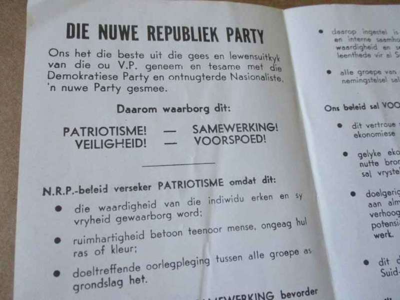 NRP / NEW REPUBLIC PARTY - GROOTE SCHUUR - SWANEPOEL & BOTHA - BROCHURE / PAMPHLET