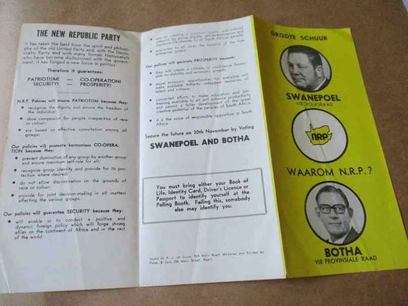 NRP / NEW REPUBLIC PARTY - GROOTE SCHUUR - SWANEPOEL & BOTHA - BROCHURE / PAMPHLET