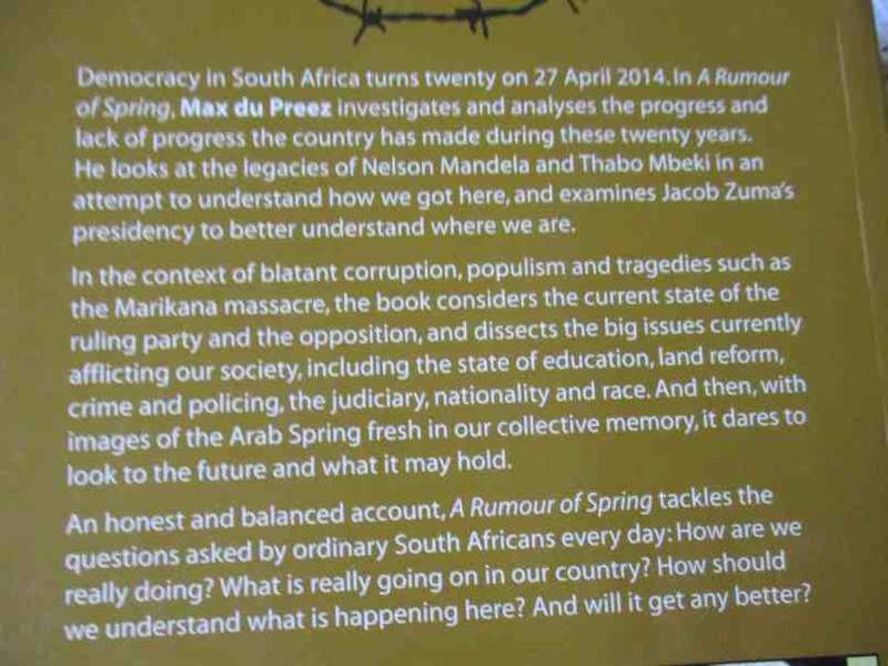A RUMOUR OF SPRING - SOUTH AFRICA AFTER 20 YEARS OF DEMOCRACY - MAX DU PREEZ