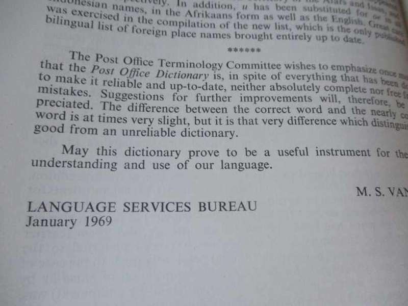 POST OFFICE DICTIONARY / POSKANTOORWOORDEBOEK 1960`s