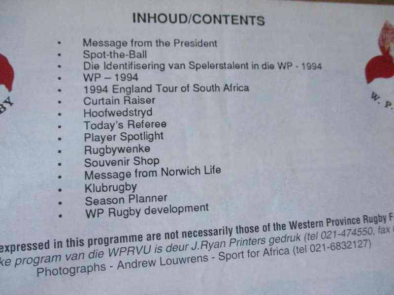 WP vs N. OFS 30 APRIL 1994 - RUGBY PROGRAMME