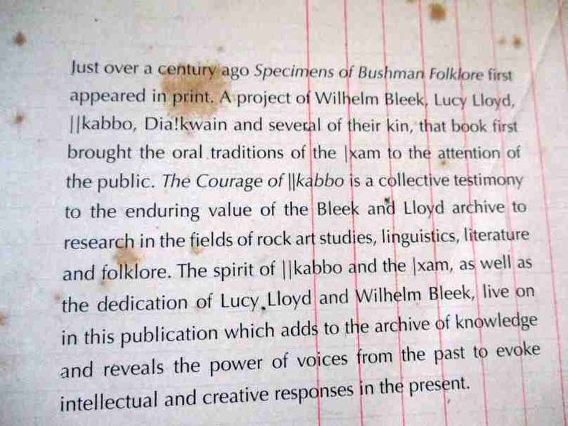 THE COURAGE OF IIKABBO - CELEBRATING THE 100TH ANNIVERSARY OF THE . - SPECIMENS OF BUSHMAN FOLKLORE