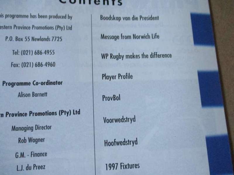 WP vs BOLAND 14 MEI  1997 - RUGBY PROGRAMME