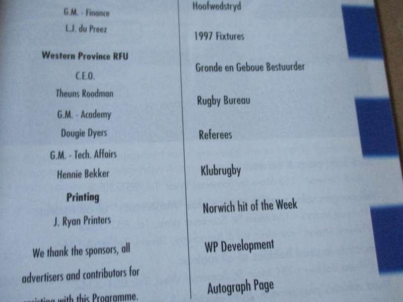 WP vs BOLAND 14 MEI  1997 - RUGBY PROGRAMME