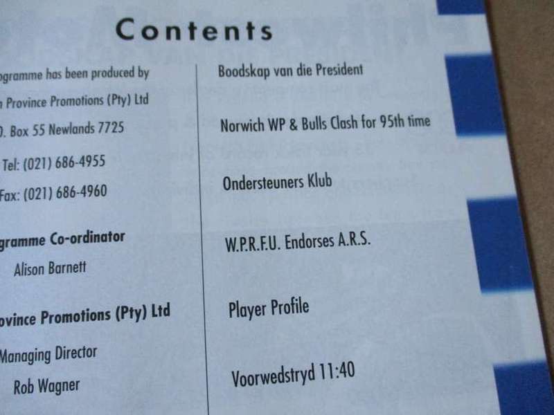 WP vs NORTHERN TRANSVAAL 4 OCTOBER   1997 - RUGBY PROGRAMME