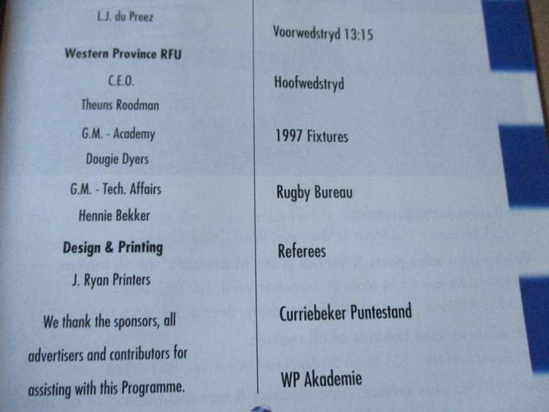 WP vs NORTHERN TRANSVAAL 4 OCTOBER   1997 - RUGBY PROGRAMME