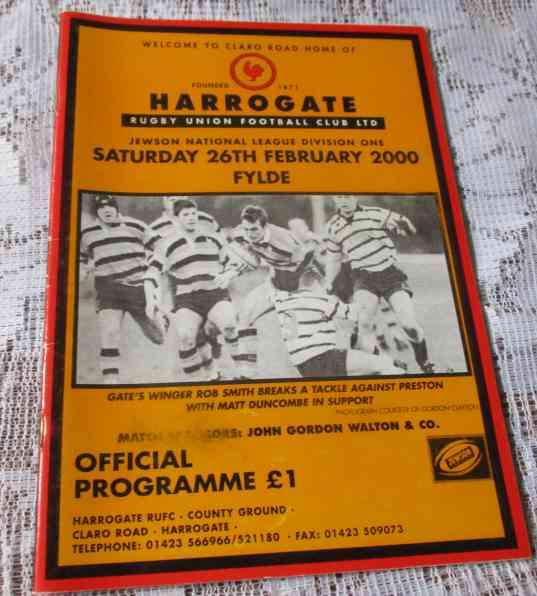 HARROGATE vs FYLDE 26 FEBRUARY 2000 - RUGBY PROGRAMME