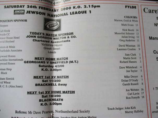 HARROGATE vs FYLDE 26 FEBRUARY 2000 - RUGBY PROGRAMME