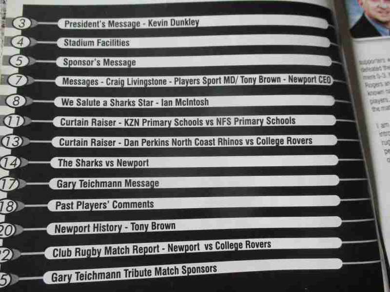 SHARKS vs NEWPORT 3 JUNE  2000 - RUGBY PROGRAMME - some autographs