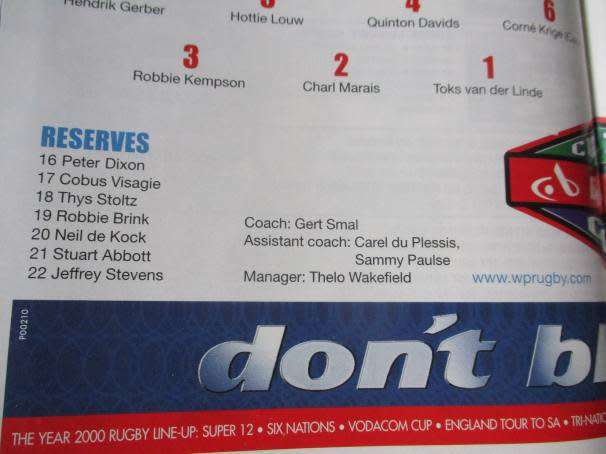WP vs SHARKS   30 SEPTEMBER 2000 - RUGBY PROGRAMME