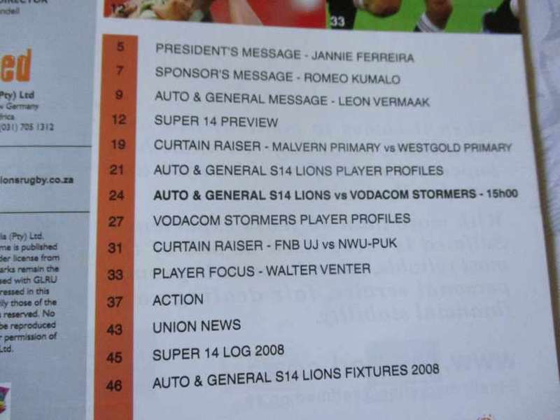 LIONS VS WP STORMERS 17 MAY 2008 - RUGBY PROGRAMME