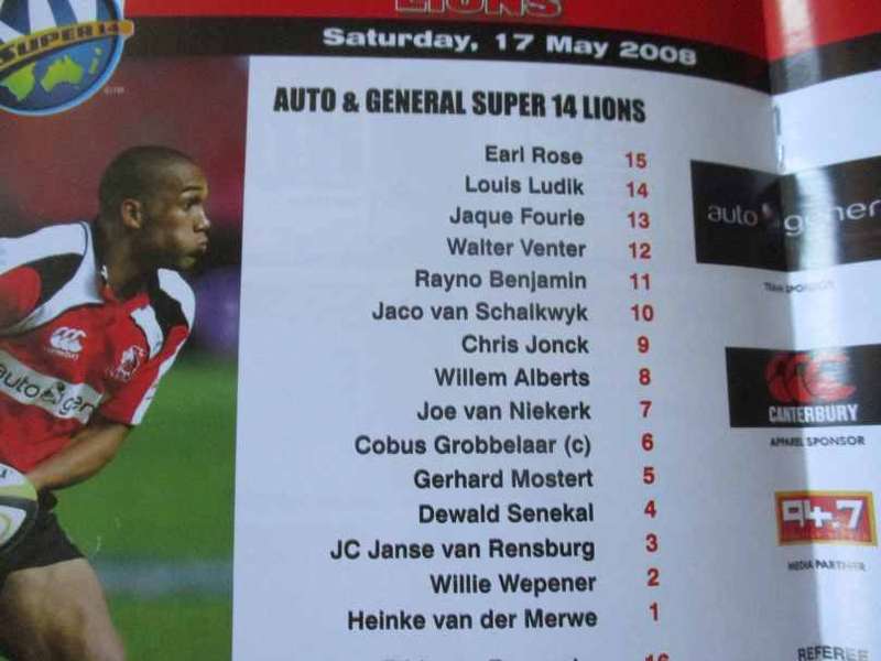LIONS VS WP STORMERS 17 MAY 2008 - RUGBY PROGRAMME