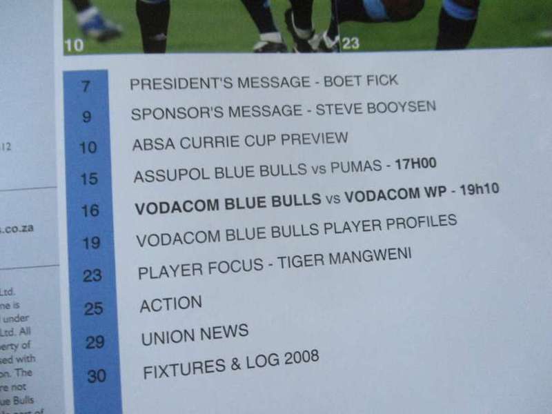 BLUE BULLS vs WP 29 AUGUST 2008  - RUGBY PROGRAMME