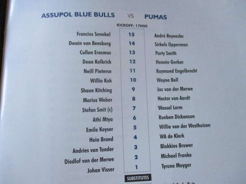 BLUE BULLS vs WP 29 AUGUST 2008  - RUGBY PROGRAMME