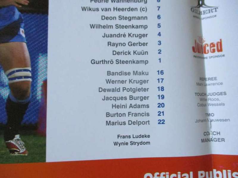 BLUE BULLS vs WP 29 AUGUST 2008  - RUGBY PROGRAMME
