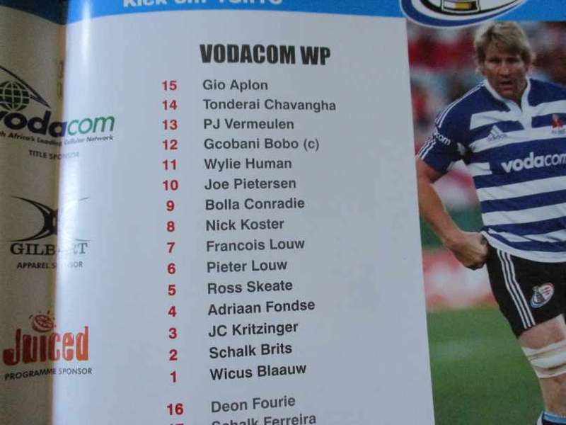 BLUE BULLS vs WP 29 AUGUST 2008  - RUGBY PROGRAMME