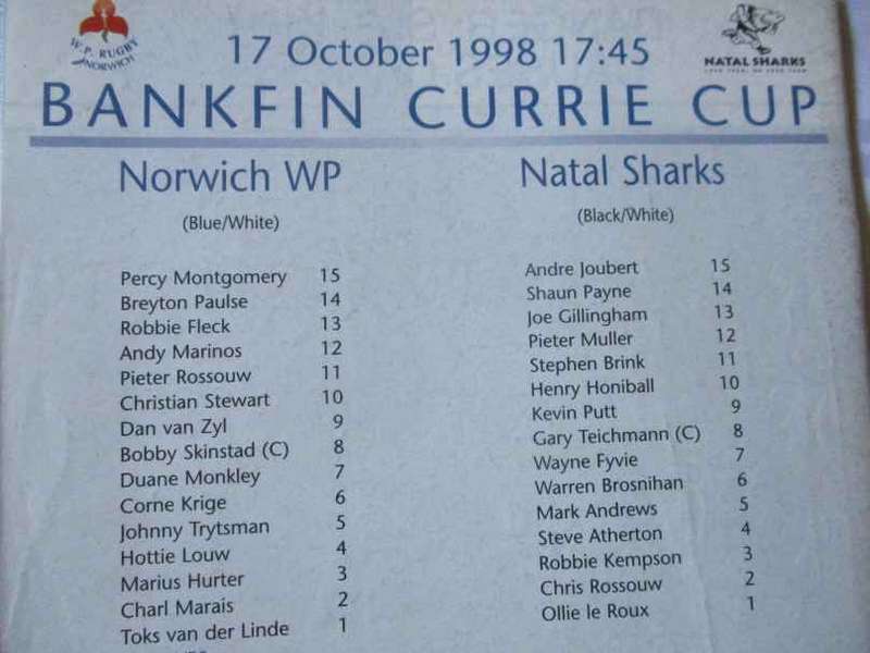 WP vs SHARKS 17 OCTOBER  1998   - RUGBY PROGRAMME