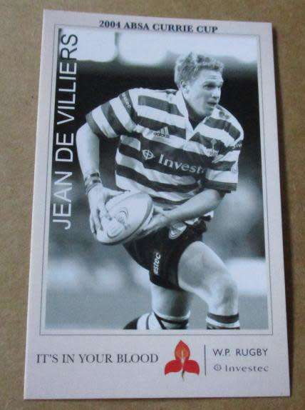JEAN DE VILLIERS - WP RUGBY - 2004 CURRIE CUP SUPER SPORT  COLLECTORS CARD