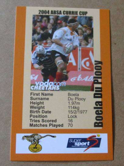 BOELA DU PLOOY  - CHEETAHS  RUGBY - 2004 CURRIE CUP SUPER SPORT  COLLECTORS CARD