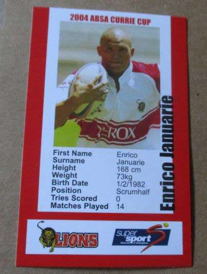 ENRICO JANUARIE - LIONS RUGBY - 2004 CURRIE CUP - SUPER SPORT COLLECTOR`S CARD