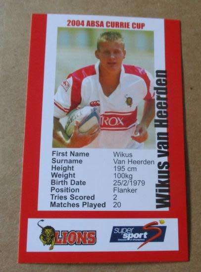 WIKUS VAN HEERDEN  - LIONS RUGBY - 2004 CURRIE CUP - SUPER SPORT COLLECTOR`S CARD